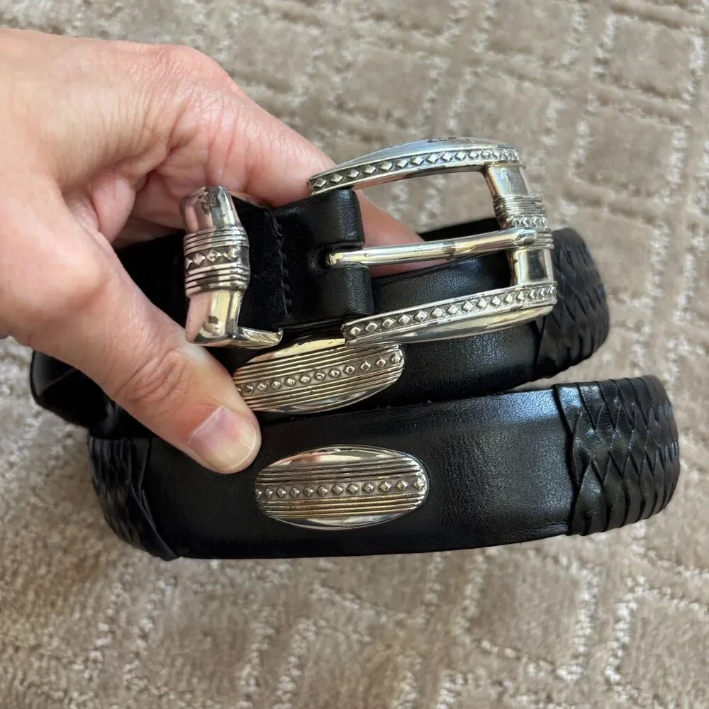 Brighton Black Leather Braided Belt Women's 44 Silver Medallions Buckle Western